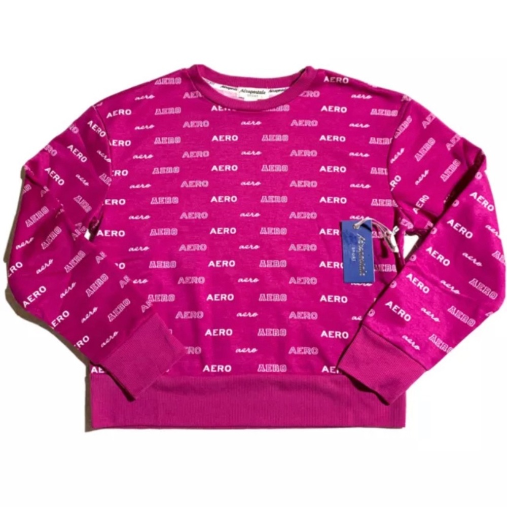 Aeropostale Pullover Crop Pink All Over Logo Print Sweatshirt Fleece Lined NWT